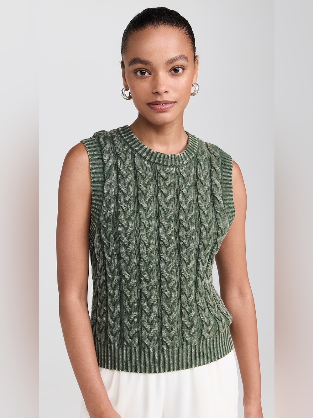 Faherty Sunwashed Cable Knit Sweater Vest S Beetle Green Preppy Old Money
